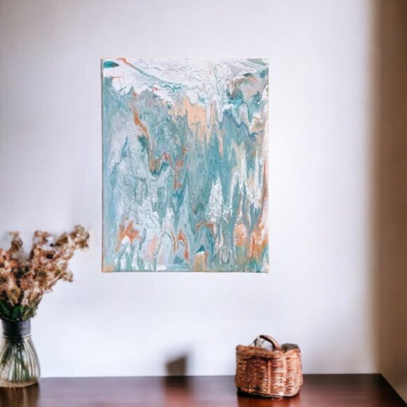 Acrylic Turquoise, Peach and White Painting Texture Rolled Canvas  New - Picture 1 of 3